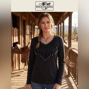 Back in the Saddle Black Long-Sleeve V-Neck Top with Fringe